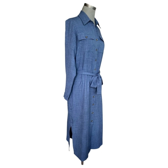 DKNY Denim Blue Long Sleeve Belted Midi Shirtdress Cotton Robe Dress Size 6 - Picture 3 of 6